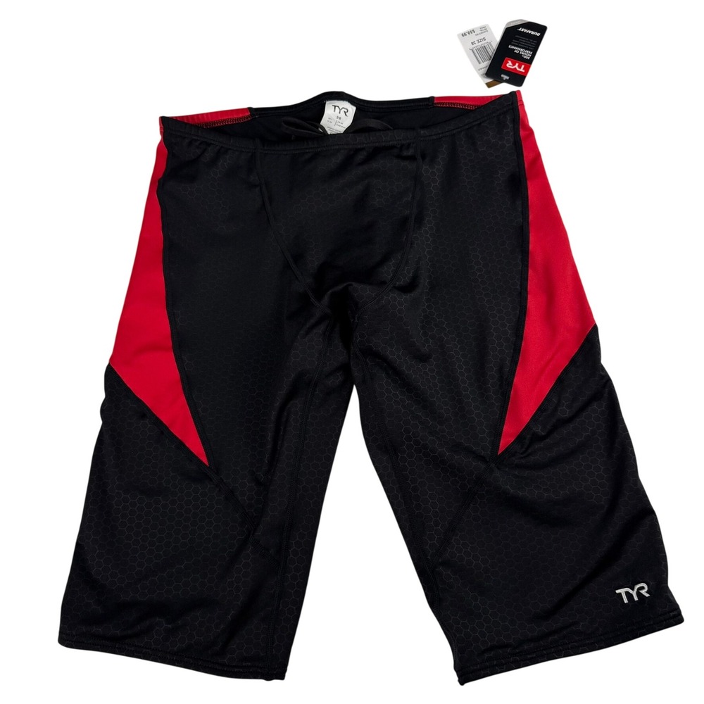 TYR Jammer Mens‎ 38 XL Durafast Elite Swim Shorts Black Red Athletic Performance